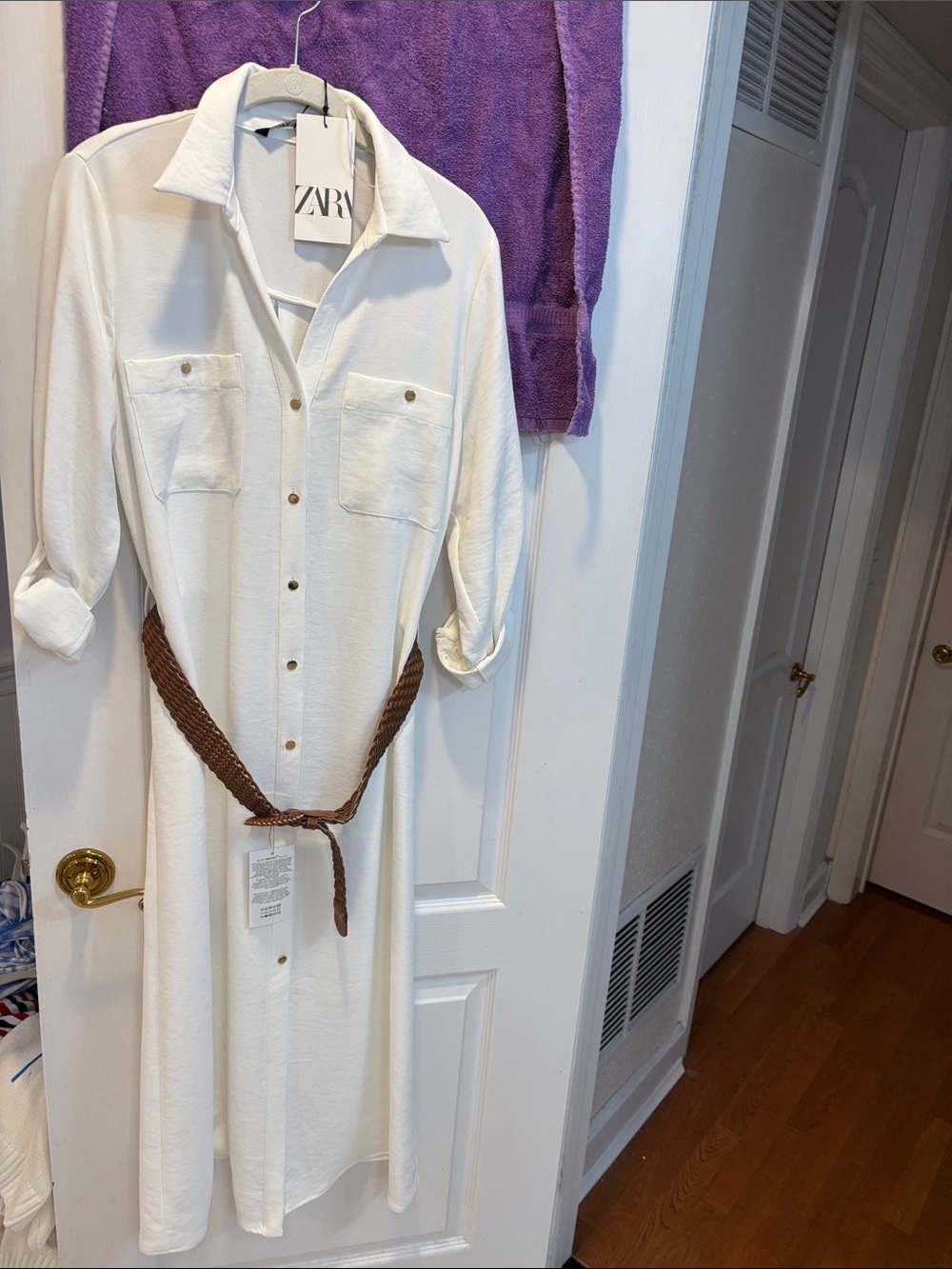 NWT Zara Off-White Button-Front Shirt Dress with Brown Braided Belt